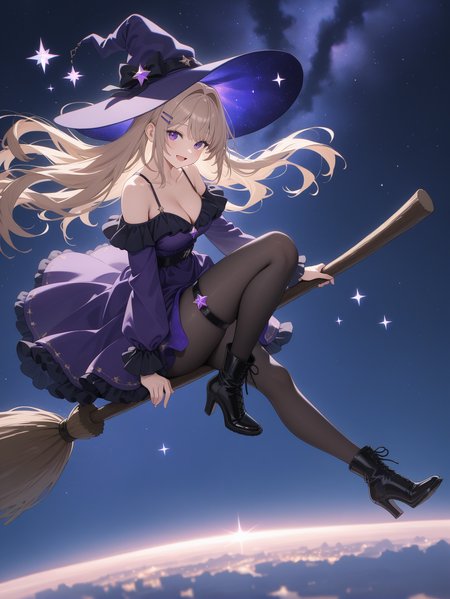 star,aerial,wide-angle,wide shot, masterpiece,best illumination,illustration,from side,full_body,5fingers,in the air,sky,
1girl,solo,black pantyhose,light brown hair,hat,purple eyes, high heels,very long hair,black boots,purple dress,sparkle,witch hat,hair intakes,high heel boots,long sleeves,bare shoulders,frills,thigh strap,cleavage,hairclip,eyelashes,collarbone,
dress lift,night,broom riding,arm_support,side sitting,looking to the side, looking at viewer,open mouth,smile,
best shadow,multicolored clothes,multicolored hair,movie tonal,beautiful detailed glow,intense shadows,cinematic lighting,blurry,blurry foreground,art style
,masterpiece,best quality,newest,