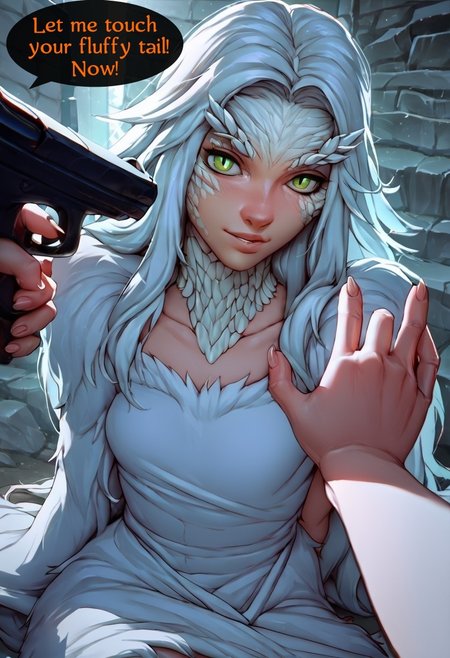 <lora:Fonglets_PointingGun_Pony_XL:1>  <lora:darksouls_crossbreedpriscilla_ponyXL:1>