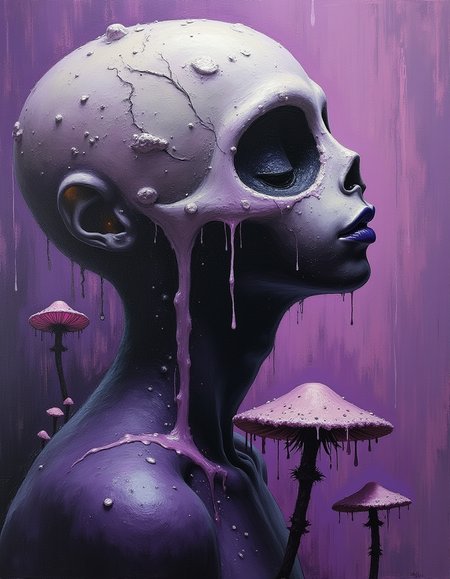 purple white and black , oil painting profile, from the waist up, sharp focus, (biopunk:1.3) and (dark fantasy:0.5) and (retrofuturism:1.1),
mushrooms, mucus dripping, (man:0.3).
flat saturated dirt color background, in the style of gerald brom and Joseph Cross.