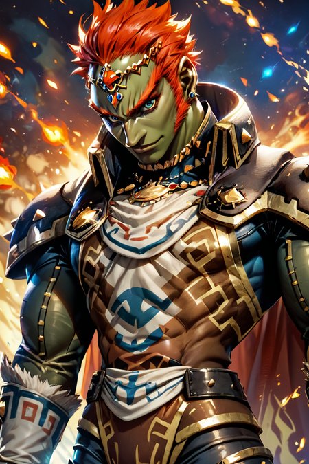 score_9, score_8_up, score_8,   BREAK, , ,,, (upper body),  zzGanondorf, 1boy, red hair, dark skin, armor, gloves, jewelry, muscular, shoulder pads, short hair, cape, muscular,  fire, aura,  <lora:Ganondorf_OoTZelda_PDXL:0.8>,   ,,,, BREAK,  (ultra realistic,32k, masterpiece:1.2),(high detailed skin:1.1),( high quality:1.1), head tilt, lips, closed mouth, shiny clothes, (upper body), looking at viewer, bokeh, luminescent background, ,,, embedding:zPDXL, Expressiveh, ,,, <lora:RlAnmPDXL:1.0>,