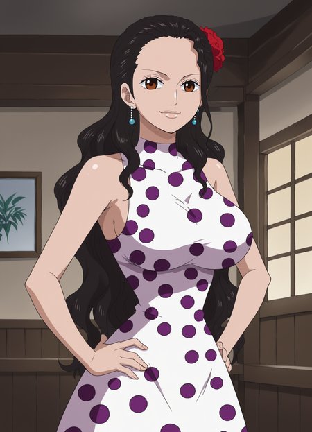 <lora:Viola-One_Piece:0.85>,viola,1girl,solo,black hair,brown eyes,long hair,earrings,hair ornament,flower,large breasts,dress,sleeveless,cowboy shot,hands on own hips, looking at viewer, smile,indoors