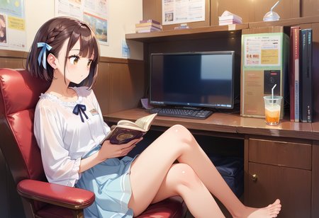 score_9, score_8_up, score_7_up, rating_safe, masterpiece, best quality, absurdres, unity 8k wallpaper, official art, official style, source_anime, uncensored, game cg, megami magazine,
necafe, scenery, 1girl, solo, brown hair, sitting, reading, indoors, chair, drinking straw, book, cup, computer, braid, drink, barefoot, short hair, crossed legs, skirt, desk, monitor
<lora:NetCafe_PONY_V1:1>