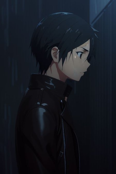 high resolution, solo, best quality, 1Boy, Kazuto Kirigaya, portraits, Black Hair, Black Eyes, heavy rain, night, looking down, sad, leather jacket, looking away, wet, wet hair, OverallDetail