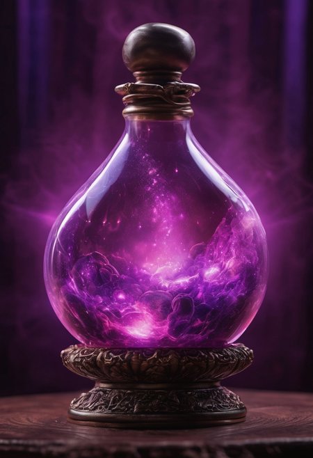 Score_9, Score_8_up, Score_7_up, Score_6_up, Score_5_up, Score_4_up, high_def, highest quality, 4k, best quality, masterpiece, no humans, object focus, focused, defined, (Photorealistic magic potion:1.3), intricate glass bottle, elixir, (skull inside potion:0.7), vivid purple colors, pink hues, bubbling, ethereal light, flashy lights, magic lights, luminous, dynamic reflections, magical aura, highly detailed, fantasy essence, glowing particles, radiant aura