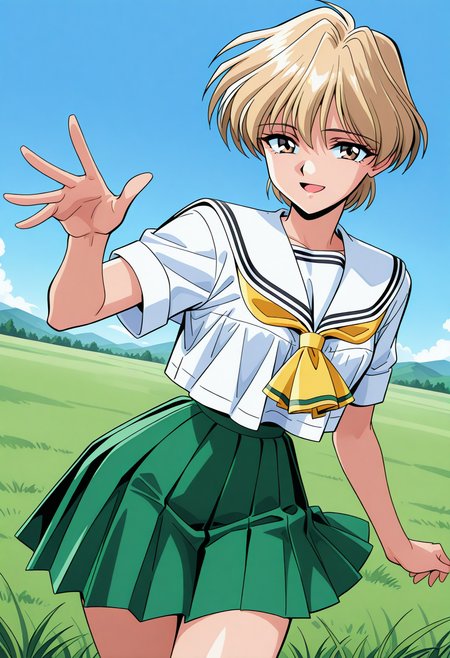 nishikawa_maki, brown eyes, blonde hair, short hair, school uniform, serafuku, white sailor collar, yellow neckerchief, white shirt, short sleeves, green skirt, pleated skirt, <lora:Graduation_nishikawa_maki_illustrious_ver1:0.8>
 light smile, open mouth,, masterpiece, best quality, sensitive,, 1girl, solo, blue sky, (grasslands:1.2), looking at viewer,, (cowboy shot, dynamic pose:1.4),