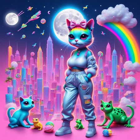 rainbow hair, monster, stairs, full body, bird, furry, candy, lollipop, hair bow, earrings, glowing, city, breasts, frog, sparkles, cloud, food, soft pastel clouds, palm tree, night, cat, saturated details, cityscape, double bun, piercing, pants, science fiction, moon, pink background, skyscraper, hairclip, neon colors