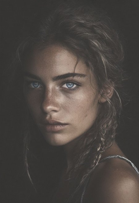 closeup portrait, dark photo of a cute 20-year-old Caucasian woman with (tanned skin:0.8) and (freckles:0.6) and piercing blue eyes and white hair tied back in dreadlocks wearing a tanktop, shallow depth of field, vignette, highly detailed, moody, epic, gorgeous, film, atmospheric haze, dynamic lighting