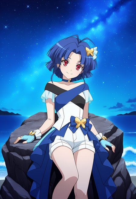 masterpiece,best quality,amazing quality,

solo,

Am Chouno (Cardfight Vanguard), short hair, blue hair, antenna hair, red eyes,

idol outfit, idol, blue choker, blue gloves, fingerless gloves, white shorts,

looking at viewer, smile, 

lying, Leaning back on rock,

cinematic, 

bloom, night, at beach, starry sky, galaxy sky, glowing blue ocean waves,  blue light, detailed shadow,

Official style, anime screencap, anime coloring, 
















