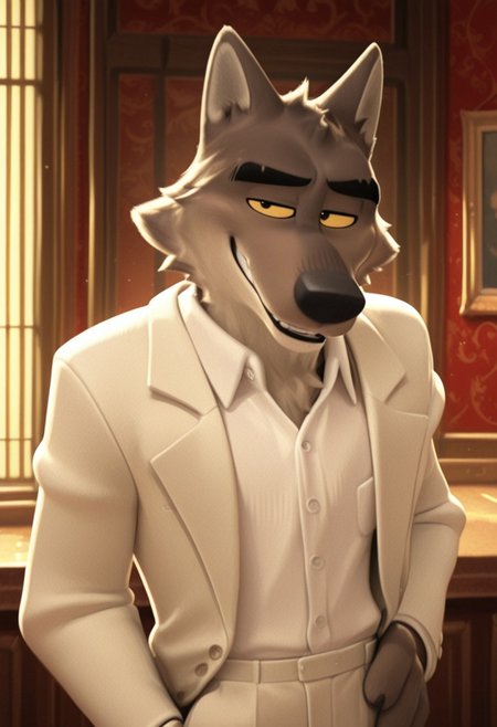 masterpiece, best quality, high quality, detailed, male, solo male, MrWolf, 1boy, mature male, anthro, wolf, grayish brown body, black eyes, yellow sclera, colored sclera, animal ears, broad shoulders, athletic build, light underbelly, thick eyebrows, standing, half body, indoors, looking at viewer, smiling, half lidded eyes, white shirt, cream colored suit, one hand on hip, suave, volumetric lighting