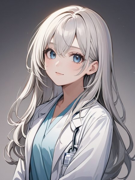 masterpiece,ultra-detailed,best quality,8K,illustration,cute face,clean skin ,shiny hair,girl,ultra-detailed-eyes,simple background, <lora:add-detail-xl:1> <lora:doctor_XL_V1.0:1> doctor, lab coat