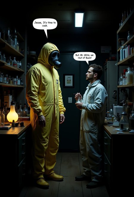 aidmaMJ6.1, aidmaimageupgrader, Inside the dimly lit, makeshift chemistry lab, Walter White stands confidently, wearing his iconic hazmat suit and gas mask. He turns to Jesse Pinkman, who is holding a beaker in one hand, looking frustrated. Comming out of Walter's head there is a text bubble with a written: "Jesse, it's time to cook." Comming out of Jesse's head there is a text bubble with words in it: "But Mr. White, we are out of Buzz!" The room is filled with scientific equipment, glowing chemicals, and scattered lab tools, but the scene is now focused on the lack of Buzz—the vital element to their operation. The tone is a humorous twist on their usual high-stakes chemistry, adding a layer of playful absurdity as the duo faces a creative dilemma.