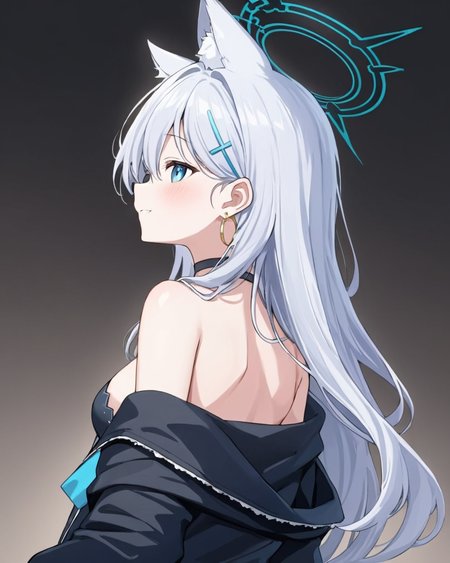 shiroko_terror_\(blue_archive\),1girl, solo, looking_at_viewer, white_background, animal_ear_fluff, black_jacket, bare_shoulders, simple_background, hairclip, halo, black_choker, upper_body, blush, looking_back, off_shoulder, back, long_sleeves, shirt, smile, earrings, open_jacket, from_behind
<lora:shiroko_terror_(blue_archive)_image494_2023-11-18_spv-000045:1>. gorgeous,key visual, vibrant, studio anime,award-winning, professional, highly detailed,high budget, cinemascope