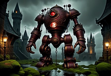 giant bipedal robot dirty dark red and dark green, bronze paisley robot. lacy robot metal kettle head. outside of a steampunk keep. large detailed torso. dark image. one forty foot tall ancient robot with great arms and two heavy spring legs. dark foggy night background. $dark foggy night image only. dark photo realistic image. steampunk details. cogs, chains and pipes incorporated in the fantasy buildings. magic wizards tower in background. Dark swamp, moss, castle ruins, wizards tower. stormy dark night.  stormy sky.