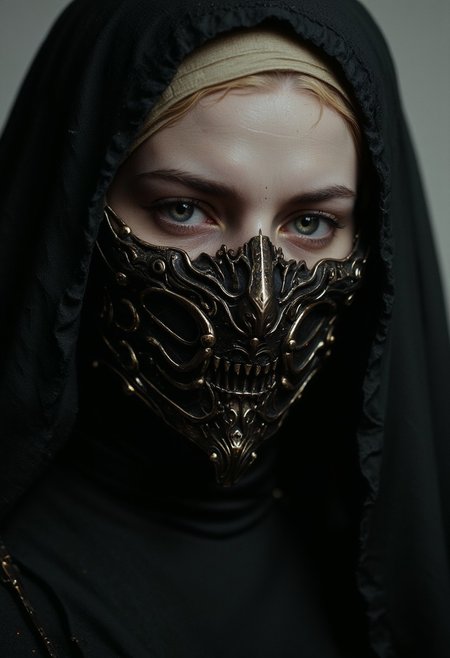S1n0z1ck style, extreme Closeup of a beautiful nun in a traditional nun’s habit, but wearing a old iron mask. The mask shows intricate, Sci-fi details with sharp edges and deep relief. The lighting is cinematic, casting deep shadows on her face, emphasizing the dark nature of the mask. Hyperrealistic extreme closeup, capturing every fine detail with insane clarity, shot with a 64 megapixel DSLR in a vintage atmosphere. Detailed skin, detailed photorealistic eyes, volumetric lighting,