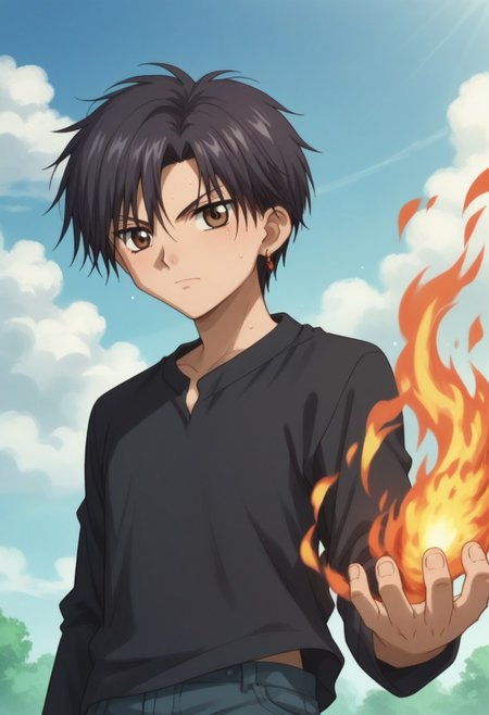 score_9, score_8_up, score_7_up, source_anime, highly detailed, 
natsume, solo, earrings, jewelry, 1boy, male focus, black hair, brown eyes, sweat, pyrokinesis, fire spell, black shirt, pants, upper body, 
outdoor, sky, clouds,