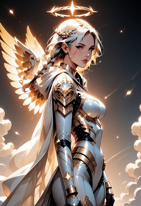 score_9, score_8_up, score_7_up, (Western Comics), a full body image of a sexy mechangel girl, caucasian, seductive, (glowing wings), solo, glowing armor, glowing halo, glowing mechanical 4 wings (hyperdetailed:1.15), detailed, light passing through hair, (ultra detailed, high quality texture), (sharp), (artistic image), 32K, 4K, ULTRA HD, small waist, large breasts, tight white bodysuit with, crop: -5, (3/4 portrait), wide view, ((her whole head and hair is visible)), zoomed out, wings completely visible, (from thighs and up), wings folded along her body, cowboy shot, angelify, (monochrome background), (nothing in background), plain background, long hair Twin Braids, Hooded cloak, (holding an angelic tome with both hands), side view