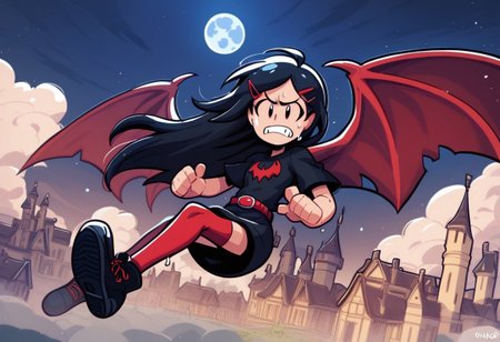 score_9, score_8_up, score_7_up, score_6_up, score_5_up, score_4_up, prngs,
BREAK,
Sickle_20s, black tunic, bat logo, belt, red stockings, black shoes, long hair, black hair, hair clip, (wings), no sclera, (flying), nervous, wide eyes, teeth, sweat, 
BREAK,
clouds, night, glowing moon, stars, castle, village