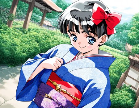 score_9, score_8_up, score_7_up, source_anime, rating_explicit, BREAK <lora:Shinohara_Izumi_XL:1>Shinohara_Izumi, black hair, blue eyes, short hair, bangs, small breasts, 
1girl, japanese clothes, solo, kimono, outdoors, looking at viewer, floral print, sash, obi, smile, day, 
hair bow, red bow