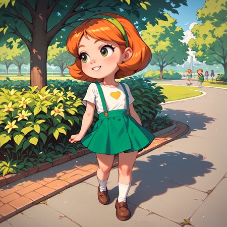 score_9, score_8_up, score_7_up, score_6_up, outdoors, park,  <lora:Little_Suzy_Johnny_Bravo:.7> suzy, 1girl, child, short stack, flat chest, , orange hair, suspenders, skirt, hairband, short hair, socks, shirt, green skirt