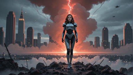 Felina_Flonia, (blurred background), 8k, best quality, depth of field, dynamic lighting, high detail, masterpiece, photorealistic, realistic, ultra-HD, very aesthetic, (fashion photoshoot:1.1), 1girl, Dynamic pose, Heroic female rebel, standing atop a crumbling skyscraper in a dystopian cityscape, dark red skies with ash falling, futuristic retro armor, (alien occupation ships hovering in the distance:1.2), mid-century sci-fi dystopian aesthetic, (smoke swirling around:1.03), gritty textures, intense lighting from distant fires, deep shadows highlighting her determined expression, style of pulp magazine art, cinematic wide shot, storm clouds gathering, film grain, bold color accents in an otherwise muted scene., dramatic pose, full length cinematic photo, (24 years old feminine seductress, young european woman:1.142), (Oval-shaped face, intense stare, thin brows:1.23), (contrapposto)