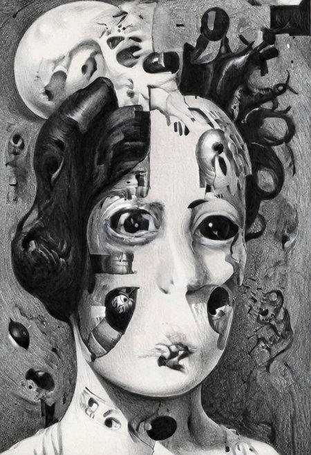 Monochrome black and white, Giger, Beksinski, Zawadzky, Dali, Magritte, Delvaux, Bellmer, Malevitch, Rodchenko, Mondrian, Kandinsky, Popovna, psychedelic hallucination, pop surrealism, rough crosshatch drawing pop art Lunatic_Portrait of a young woman in latex Avant-garde Fashion page, slick back, low bun, black makeup, sinister expression, intense glare, avant-garde, abstract, weird, geometric, constructivism, suprematism, rayonism, verticism, lineism, tj, Avant-garde Fashion page, Lunatic_Portrait, pop surrealism, pop art, drawing, painting, tj, JimmyAlonzo, Surreal psychedelic bizarre, pencil, drawing,  by Brian Selznick, JuggernautNegative, jorg karg