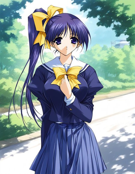 score_9, score_8_up, score_7_up, source_anime, rating_explicit, BREAK  <lora:Itou_Noemi_XL:1> ItouNoemi, long hair, blue hair, blue eyes, hair bow, side ponytail, yellow bow, purple hair, ponytail, hair ribbon, purple eyes, breasts,
school uniform,  skirt,  white long sleeve,
outdoor, day,