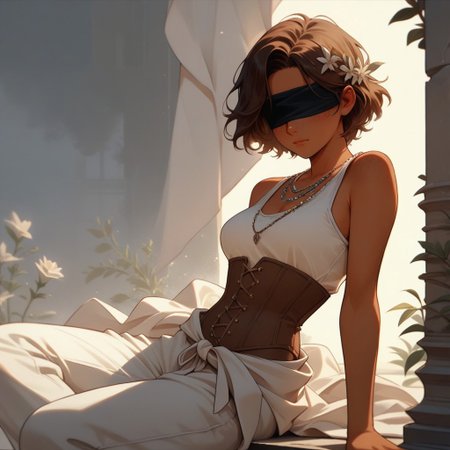 Score_9, Score_8_up, Score_7_up, (masterpiece), best quality, perfect face, perfect anatomy, anime girl, slim, medium breasts, hourglass shape, brown hair, short hair, dark skin and freckles, beautiful and trained bodysuit, white sleeveless shirt, brown corset that highlights her breasts and small waist, loose pants with openings on the sides, without shoes, hippie aura, peaceful , blindfolded, sing, elegant<lora: Concept_Masked_Lady:0.7>,