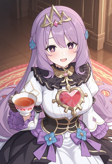 highres, best quality, masterpiece, indoors,
1girl, solo, pcrviolet, purple hair, very long hair, purple eyes, sparkling eyes, braid,
pvioldef, blue flower, tiara, gold choker, white dress, heart brooch, black corset, frilled collar, black collar, juliet sleeves, frilled sleeves, black gloves, black dress, overskirt,
looking at viewer, blush, smile, open mouth, 
sitting, holding cup, tea cup, strawberry juice,
<lora:_violet_pcr-elesico-ilxlA:1>