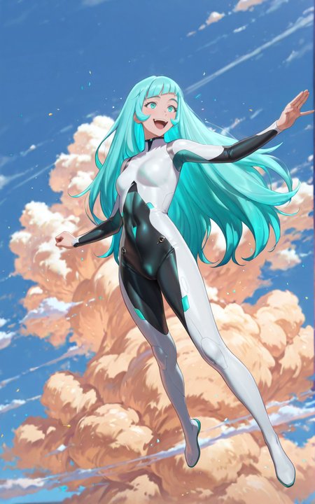 ((Masterpiece, Ultra Detail, Best Quality, Anatomically Correct, Fullbody View)) 
Flying Stance, in the Sky, looking excited
<lora:Mist_Pantheon:1> M1st, 1girl, aqua eyes, aqua hair, long hair, bangs