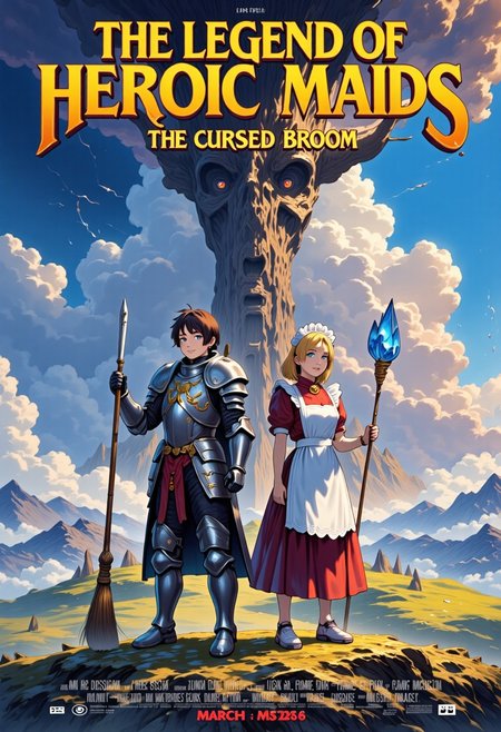 Concept:
A masterpiece high quality poster for an theatrical anime movie.
Style:
4k quality professional anime poster art with vivid vibrant colors, cel-shaded characters, perfect text title, mvpstrCE style, detail eyes, retro_anime.
Main Text:
The title of the movie is  ("THE LEGEND OF HEROIC MAIDS") written at the top in bold large fantasy font with golden trim, and an underline, there is a subtitle under it saying ("The Cursed Broom") in simple yellow fantasy font.
The Characters:
On the Right Side stands a regal blonde female knight in a fancy decorated full plate armor holding a metal broom with a blade at its tip, she is also wearing a long apron and frilly maid headdress on top of her armor, she is standing in sideview but looking at viewer, she has blue eyes.
On the Left Side stands a gorgeous brunette witch wearing a red frilly fancy sleeveless dress and she is holding a magical broom with blue magical crystal at its tip, she is wearing a fancy apron and frilly maid headdress on top of her dress, she is standing in sideview but looking at viewer, she has green eyes.
The Background: 
Vast grassy hills, mountains, epic castle in the distance, a silhouette of a giant evil broom towering over the landscape shrouded in mist infused with dark magic, majestic anime clouds frame scene.
Additional Text At Bottom of Poster:
At the bottom names of fake voice actors usually seen on anime posters, including a release date in ("March 2026") in a red font.
