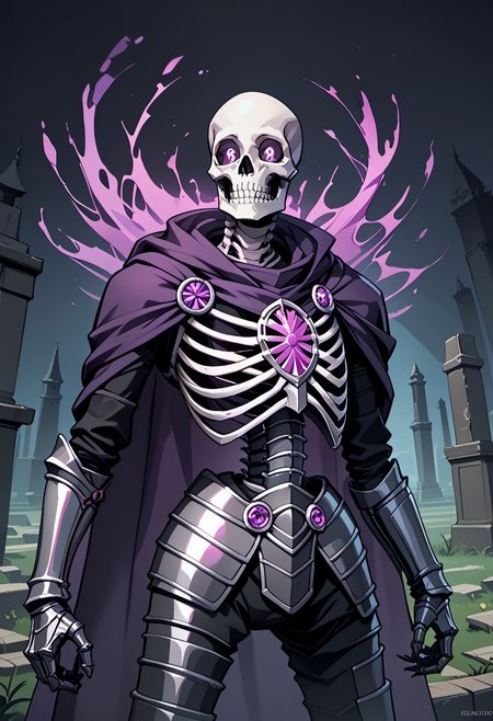 score_9, score_8_up, score_7_up, detailed, beautiful, high quality, 1male, skeletal knight, bleached white skeleton, glowing purple eyes, ornate black armor with sharp edges, clawed gauntlets, plated armored pants, (large flowing purple cape:1.3), gemstone embedded in chest, dark and menacing, fantasy graveyard background, swirling mist, eerie atmosphere