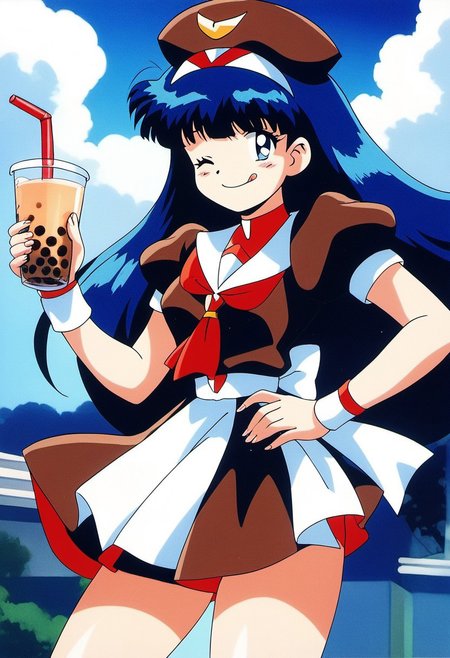 score_9, score_8_up, score_7_up, source_anime, rating_explicit, masterpiece, BREAK <lora:Tsurugino_Hikari_XL:0.8>Tsurugino_Hikari, long hair, blue hair, blue eyes, bangs, ahoge, small breasts,
1girl, solo, brown hat, retro artstyle, skirt, closed mouth, tongue out, v, one eye closed, holding glass, bubble tea, School uniform, smile, 
wristband, looking at viewer,  puffy sleeves, short sleeves, bow, 
brown dress,
dauy, sky, outdoor.