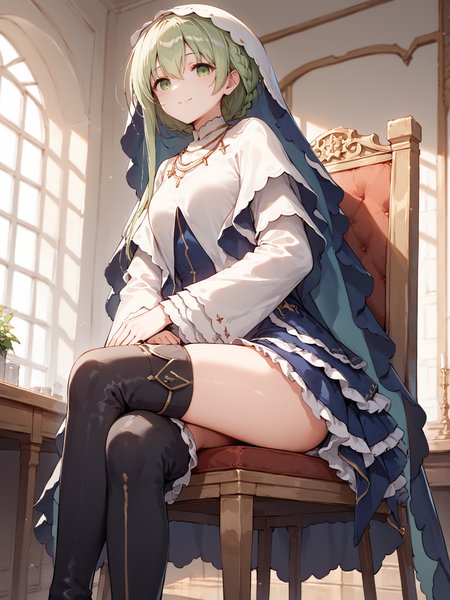score_9, score_8_up, score_7_up,source_anime, high res image,masterpiece,best quality, looking at viewer, 
smile, indoors, cowboy shot, sitting, on chair, crossed legs, from side, from below, <lora:CeciliaV2-03:0.8> ((ceciliav2:1.3)), 1girl, green hair, long hair, dress, jewelry, green eyes, hair between eyes, veil, necklace, ((long single sidelock:1.3)), long sleeves, wide sleeves, black thighhighs, frills, zettai ryouiki, blue dress, white dress, parted lips, thighs, skirt, closed mouth, ((folded braid:1.3)), thigh boots <lora:add-detail-xl:2>