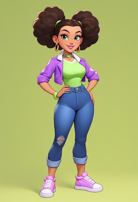 score_9, score_8_up, score_7_up, mercasg, BREAK 1girl, woman, young, solo, smile, medium breasts, thin, (light green eye shadow:1.5), pink lips, ((dark green eyes:1.5)), Afro hairstyle, dark brown hair, gold earrings rings on the left ear, (light green choker around the neck), ((purple cropped jacket with white lapel)), rolled sleeves to the elbows, ((light green long T-shirt:1.5)), dark purple cropped jeans with a torn bottom, pink sneakers with yellow stripes and white laces, BREAK right hand on hip, left hand down:0.8, standing, (full body), semi-sideways, half-sideways, BREAK green blurred background