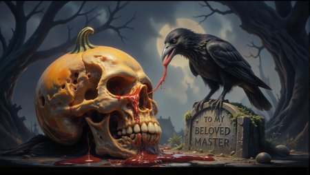 (close-up:1.5) drkfnts style, oil painting art style, Fantasy painting art style (dark theme, dramatic sky,  dark clouds:1.3) chilling dark atmospheres
low angle, ,in the foreground a crow sitting atop a human skull atop (a tombstone on the left:1.4)  (the crow pecks into the pumpkin with its beak, eat spaghetti:1) (cracked, fissured and juicy, mucus:1.6)  (Jack-o'-lantern:1.3) (There is thick red disgusting goo, lyrupy sludge leaking from the holes's. Gross drooling blood goo:1.4)
(the skull is a pumpkin head man with holes:1.5)  .( the skull is a melted pumpkin:1.6) (cracked_fissured_skulls pumpkin stem:1.4) dripping,( the crow holds the pumpkin with one claw to tear a piece of flesh from the holes:1.5), (some worms in holes:1.4) (there are a lot of holes in the  pumpkin:1.2)
(at the top of a mossy tomb on which is engraved âTO MY BELOVED MASTERâ:1.4). some broken skulls on ground,
(the crow's head is tilted, looking downwards:1.4)
ivy, mossy,  
(one old twisted tree on the right in the background:1.5)  ((by Tim Burton))( the rule of thirds:1.3)
text is old  
dark and eerie atmosphere, fantasy,
<lora:sxz-Dark-Fantasy-v2-Flux:1>
<lora:Horrifier:0.4> Unsettling
<lora:aidmaFLUXpro1.1:0.5> aidmafluxpro1.1
(minimalist background:1.3) , dynamic pose,  (perfect compositions,:1.5) (dramatic lighting, rim light, dimly lit:1.2)  immersive depth,  intricate detailing, adds depth and dimension, (dof, perspective:1.1)
, imaginative, professional-grade execution, creates immersive world and landscape, painterly, epic, magical <lora:aidmaGLOWV4wc:0.5> aidmaglow    <lora:flux-drippingcheesestyle:0.6> made out of drippingcheese
 (some worms in holes:1.4)