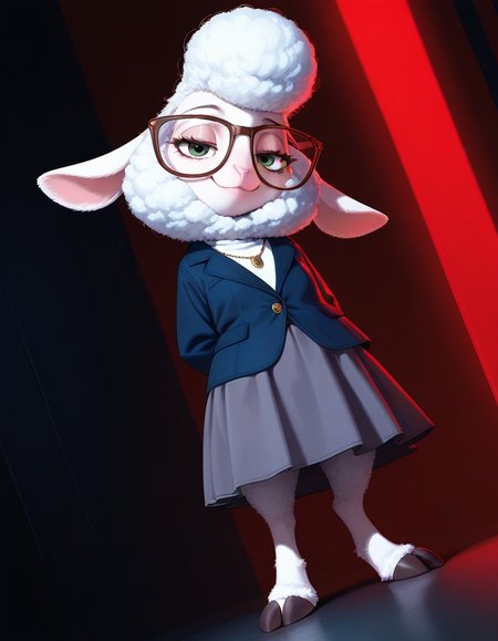 masterpiece, best quality, amazing quality, very aesthetic, high resolution, ultra-detailed, absurdres, newest, scenery, BREAK, detailed background, detailed hair, depth of field, detailed fluffy fur, photorealistic details, volumetric lighting, masterpiece, newest, absurdres, safe, , very aesthetic, absurdres,  dawnBW, anthro, furry female, sheep, animal ears, glasses, brown eyewear, green eyes, white wool, white fur, finger hooves, black hooves, grey skirt, white shirt, dark blue jacket, necklace,  standing, looking at viewer, smile, dynamic pose, dynamic angle, dramatic angle, closed mouth, fullbody shot, smile, (uneven eyes:0.5), evil eyes, hands behind back, half closed eyes, red lighting, rim light, dark theme, dimly lit, (head tilted down:1.2), , <lora:18f3a372-cc22-4446-9e9e-ad5ca42404d8:1.2>