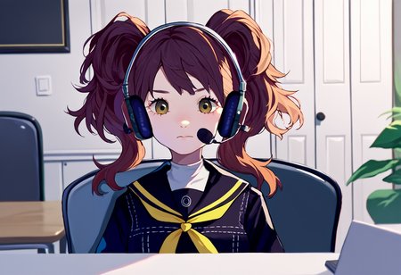 score_9, score_8_up, score_7_up, source_anime, solo, 1girl, kujikawadef, sadlinus, headset, chair, indoors, twintails, yasogami school uniform, black serafuku, yellow neckerchief <lora:concept_sadlinus_ponyXL:1> <lora:persona4_kujikawa_ponyXL:0.9>