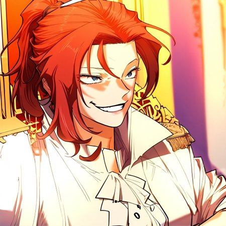score_9, score_8_up, score_7_up, masterpiece, very high quality, Anime_source, AliciaTermina, blue eyes, red hair, medium hair, ponytail, working uniform, sitting, throne, epiCPhoto, Lloyd Frontera expression, silly face, laugh, wide eyes, evil laugh