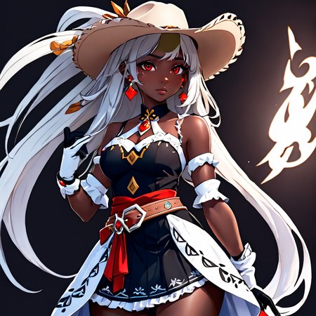 1girl, 3d, black background, cowboy shot, dark skin, dress, fingerless gloves, genshin_mualani, gloves, hair ornament, long hair, profile, red eyes, sandals, simple background, skirt, solo, white gloves, white hair <lora:Genshin_Mualani_pony:1> <lora:aidma-Image Upgrader-v0.1:1>  perfect hands <lora:MHXL_Scrantelly_Slimjane:.6>