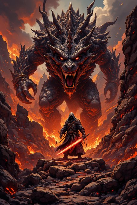 This image depicts a dramatic and fantastical scene featuring a menacing, colossal dragon facing off against a cloaked figure wielding a glowing red sword. The dragon is depicted with dark scales, fierce eyes, and sharp teeth, exuding an aura of immense power and aggression.

The setting appears to be a volcanic or hellish landscape, characterized by rocky terrain and a fiery atmosphere, suggesting intense heat and danger. The sky is filled with ominous clouds tinged with red hues from the surrounding flames and lava flows.

The overall tone of the image is one of epic confrontation and high fantasy, evoking themes of heroism, battle, and mythical creatures. The artwork showcases detailed textures and dynamic lighting that enhance the dramatic tension between the dragon and its opponent.,aidmafluxpro1.1