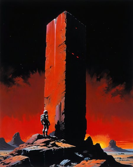 Monolith, 2001 space odyssey, Frank Frazetta style,  ruby, black background, <lora:add-detail-xl:1.0>  <lora:xl_more_art-full_v1:0.5>