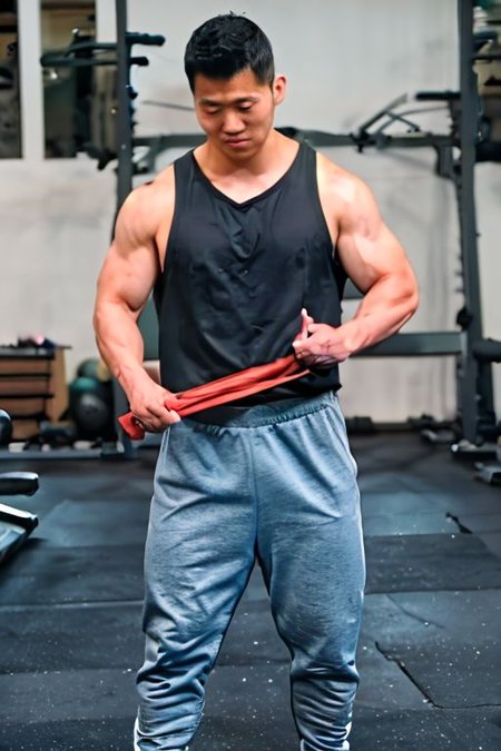 asian sexytrainer, tank top/sleeveless shirt, shorts/sweatpants/leggings, sneakers, gym, holding dumbbell/weightlifting, exercise, realistic, masterpiece, intricate details, detailed background, depth of field, photo of a handsome