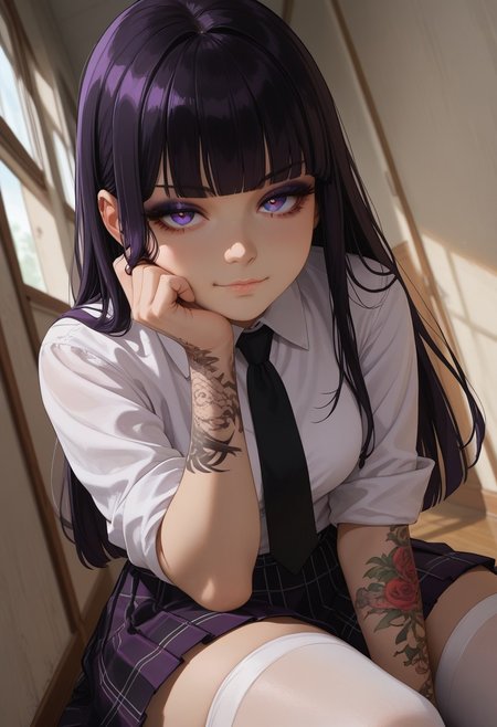 (score_9, score_8_up, score_7_up), 1girl, solo, black hair, purple eyes, long hair,  straight bangs,  26 years old, medium breasts, (goth:1.1), ass, eyeshadow,
(white shirt, black tie, checkered pleated skirt, white stockings, thighighs:1.1), checkered skirt,  hime cut,  rolled up sleves,
tattoo, tattoo on body, tattoo on arm
Expressiveh,
fisheye,  (dutch angle, face close-up, face focus :1.4), 
(sitting, hallway, indoors:1.1), college,
 smug, bored,