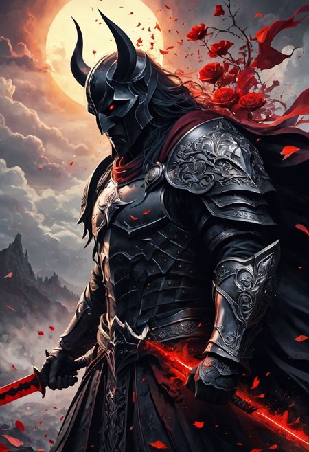 4k, high resolution, best quality, perfect colors, perfect shadows, perfect lighting, final showdown super illustration extremely detail, story of the brave, nightmare with dream can't wake up from, get everything, dark sky, false glory, supernatural existence, even if all hope is lost, seek more power, stepping on countless corpses and shouldering the burden of guilt, darkness of night fall, demon inside, all range, born in the abyss, vengeance, blood burning, moonlight signpost with run through, wipe away the pain and sadness, until we tear apart the darkness and bring light, stir up blood, to weave hope, determined eyes, stunning elaborate sword, following the scars, hero who carries the dreams of the world on his shoulders of intricate detail, flowers of memories are in full bloom, in light and shadow, beautiful detail shield, heat haze in light and shadow, ruthless water flower, shed tears of fate, bloody road, fleeting prayer that scatters, until the afterlife, feel the last time, heartbeat double exposure, an impending strong enemy, oil painting, , fantasy, digital art, highly detailed, overall detail, atmospheric lighting, Awash in a haze of light leaks reminiscent of film photography,  awesome background, highly detailed styling,   intricate details, highly detailed, cinematic,