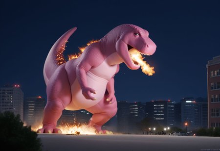 score_9, score_8, score_7
Barney the Dinosaur, godzilla, pink dinosaur, destroying a city, fire, smoke, explosions, cinematic, night, moonlight