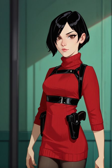 2d art, masterpiece, best quality, vibrant colors, color contrast, detailed, eyelashes, anime coloring,
g4lmesh_rosew00d_il, ada wong, 1girl, looking at viewer, brown eyes, black hair, short hair, bobcut, hair over one eye, large breasts, lips, cowboy shot, red sweater, sweater dress, black pantyhose, chest harness, holster, 
<lora:Galmesh_Rosewood-10:1>