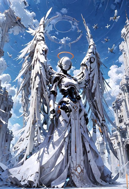 score_9, score_8_up, score_7_up, 
painting, (angel), (wings), (white, marble), pure, flowing, (halo), holy, powerful enemy, angelic, Robot Skin, Android Skin, 
BREAK
basking in sunlight ((full body, upper body shot)), surrounded by clouds, 
BREAK 
rating_questionable, highly detailed, best quality, masterpiece, digital_art, 
<lora:Mechanism-pdxl-1:1.0>