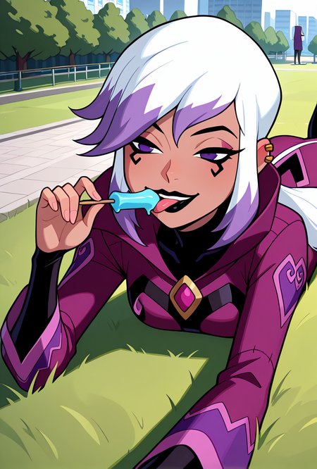 <lora:charmov:1> charmov, long hair, ponytail, , white hair,, 1girl, multicolored hair, purple eyes, ear piercing, two-tone hair, makeup, solo, long sleeves, black lips, purple jacket, long jacket, popped collar, facial expression, smile, dynamic pose, in public park, prone, on grass, licking lollypop, half closed eyes,, masterpiece, best quality, amazing quality, very aesthetic, absurdres, newest,