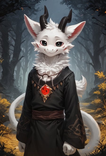 (male solo), (fine face, highly detailed face), Detailed Eyes, prick ears, 1boy, solo, young, cute, furred dragon, anthro dragon, furry, black eyes, white body, detailed eyes, mage clothing, smile, huge red amulet necklaces, Black long Robe, black tunic, mage outfit, 2 black horns, forest background,
4k, 8k, hd, standing, tree, grass, standing, lit by moonlight, night, night sky, cloud, glowing,
(depth of field, bokeh: 0.8),  
dark hour, blue countershading, score_9, score_8_up, score_7_up, score_6_up, score_5_up, score_4_up, ponypositive,