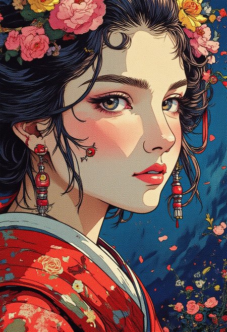 Hyperreal masterpiece blending vibrant colors and intricate details, inspired by Van Gogh, Craola, and Japanese art. A dreamlike, elegant portrait A digital artwork in the style of cknc,